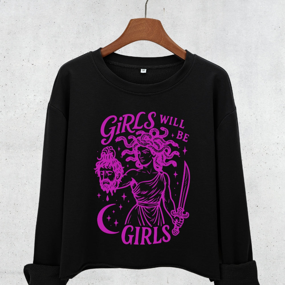 Girls Will Be Girls Medusa Feminist Crop Sweatshirt For Women