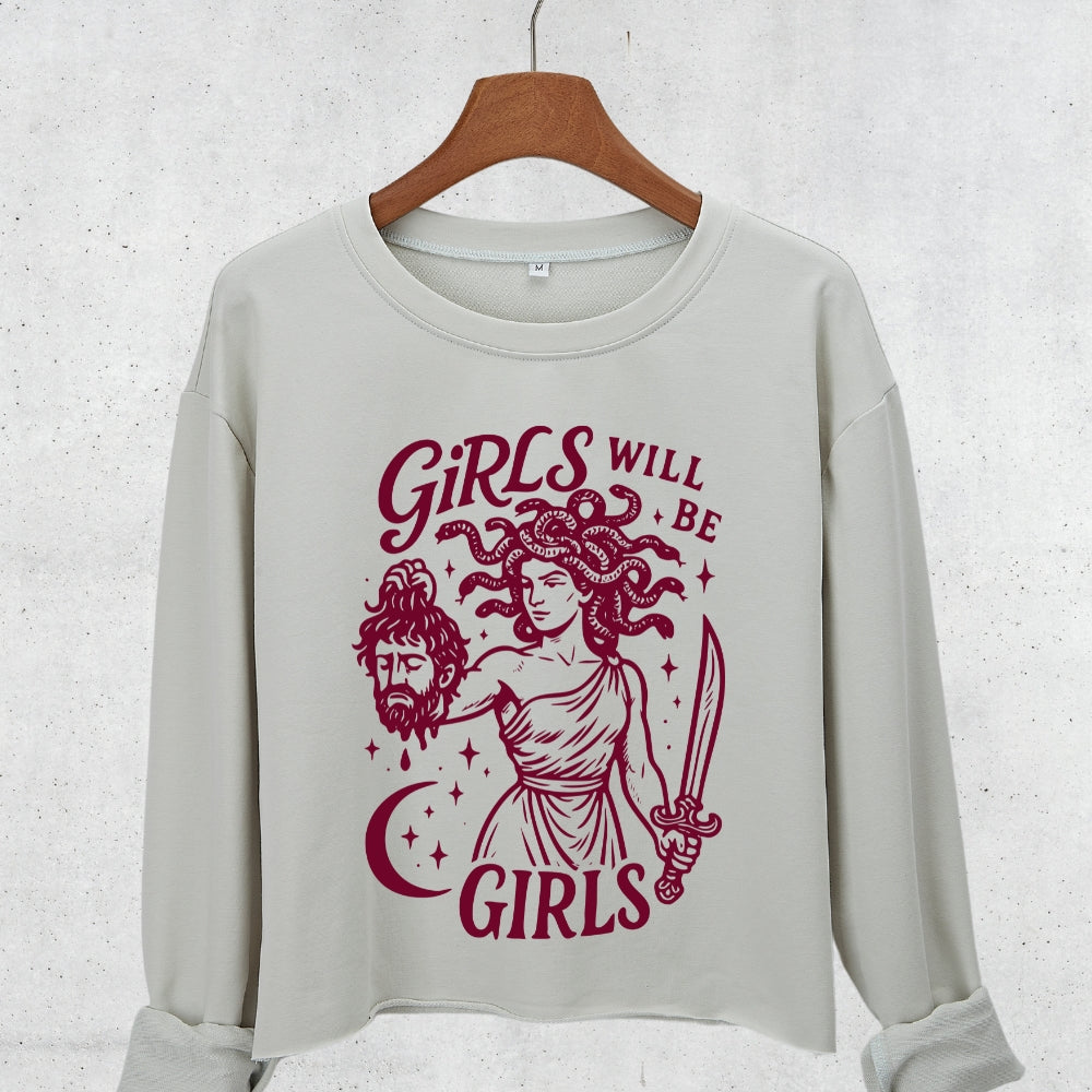 Girls Will Be Girls Medusa Feminist Crop Sweatshirt For Women