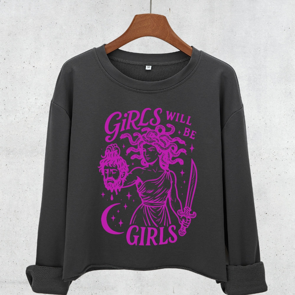 Girls Will Be Girls Medusa Feminist Crop Sweatshirt For Women