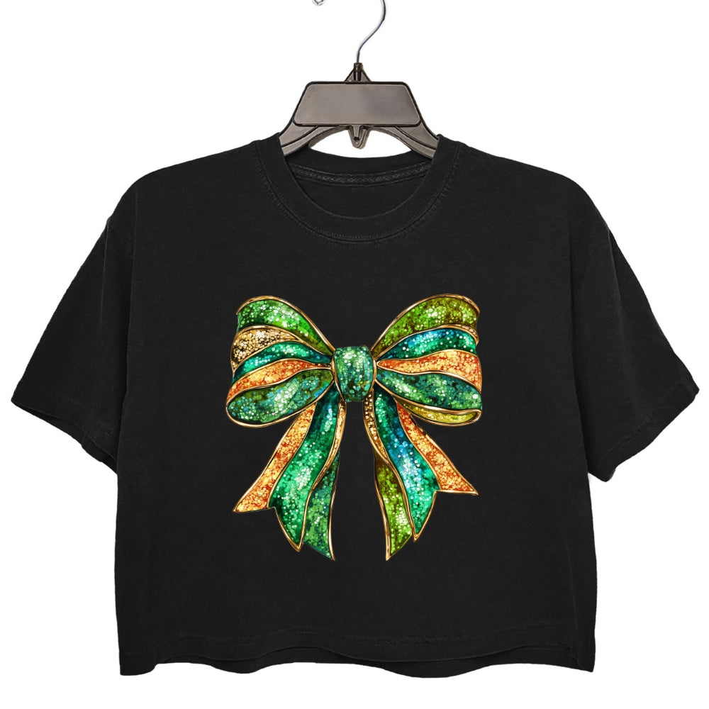 St Patrick's Day Glitter Bow Crop Top For Women