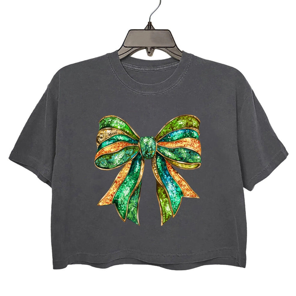 St Patrick's Day Glitter Bow Crop Top For Women