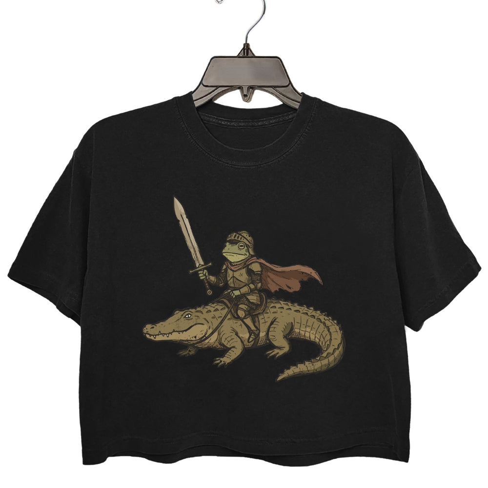 Frog Knight Riding Alligator Crop Tee For Women