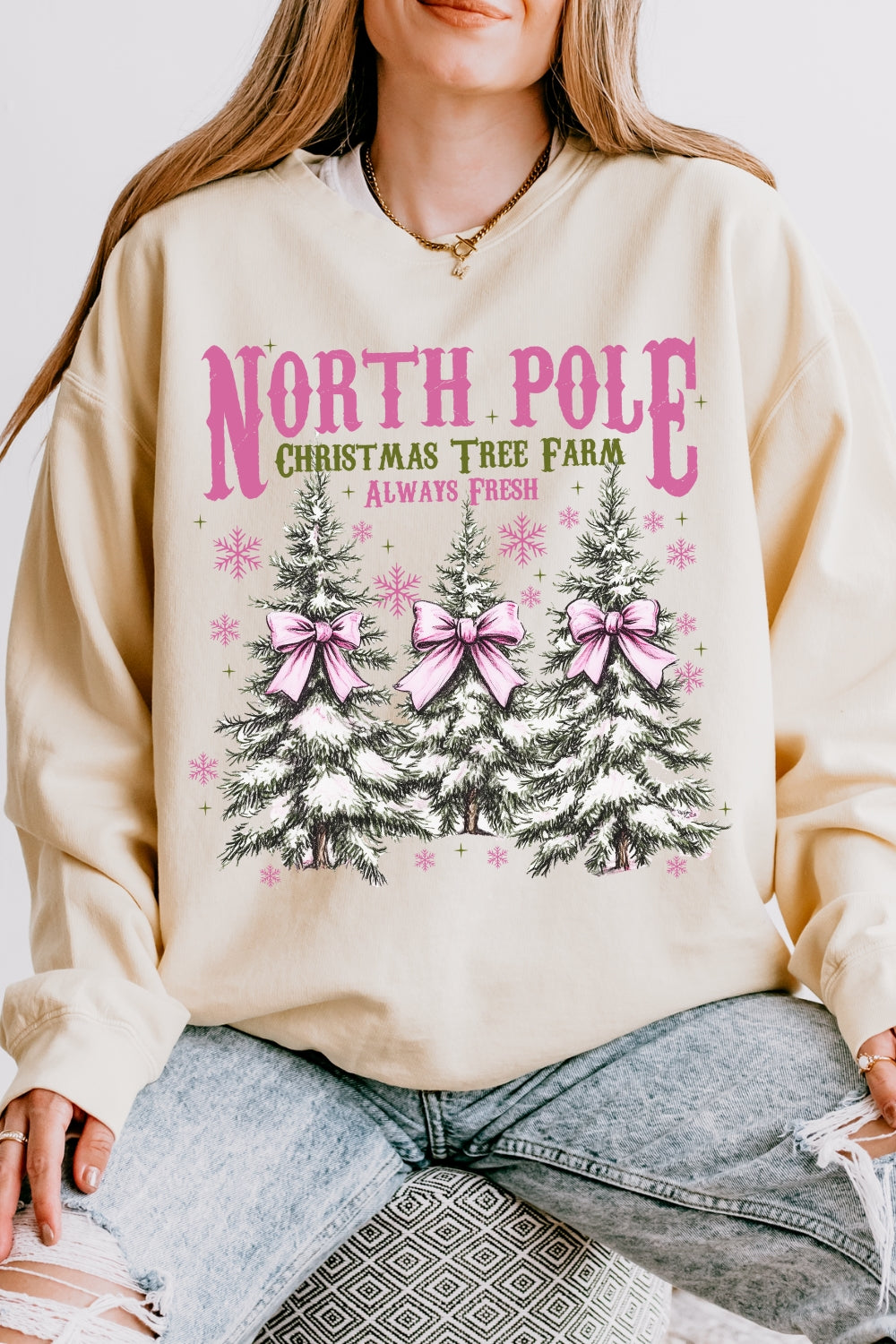 North Pole Pink Christmas Coquette Bow Sweatshirt For Women