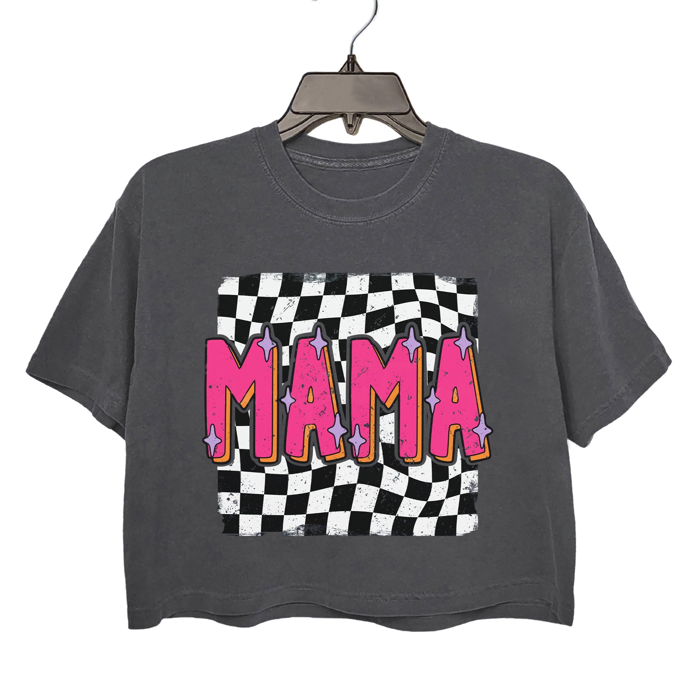 Distressed Checkerboard Mom Crop Top For Women