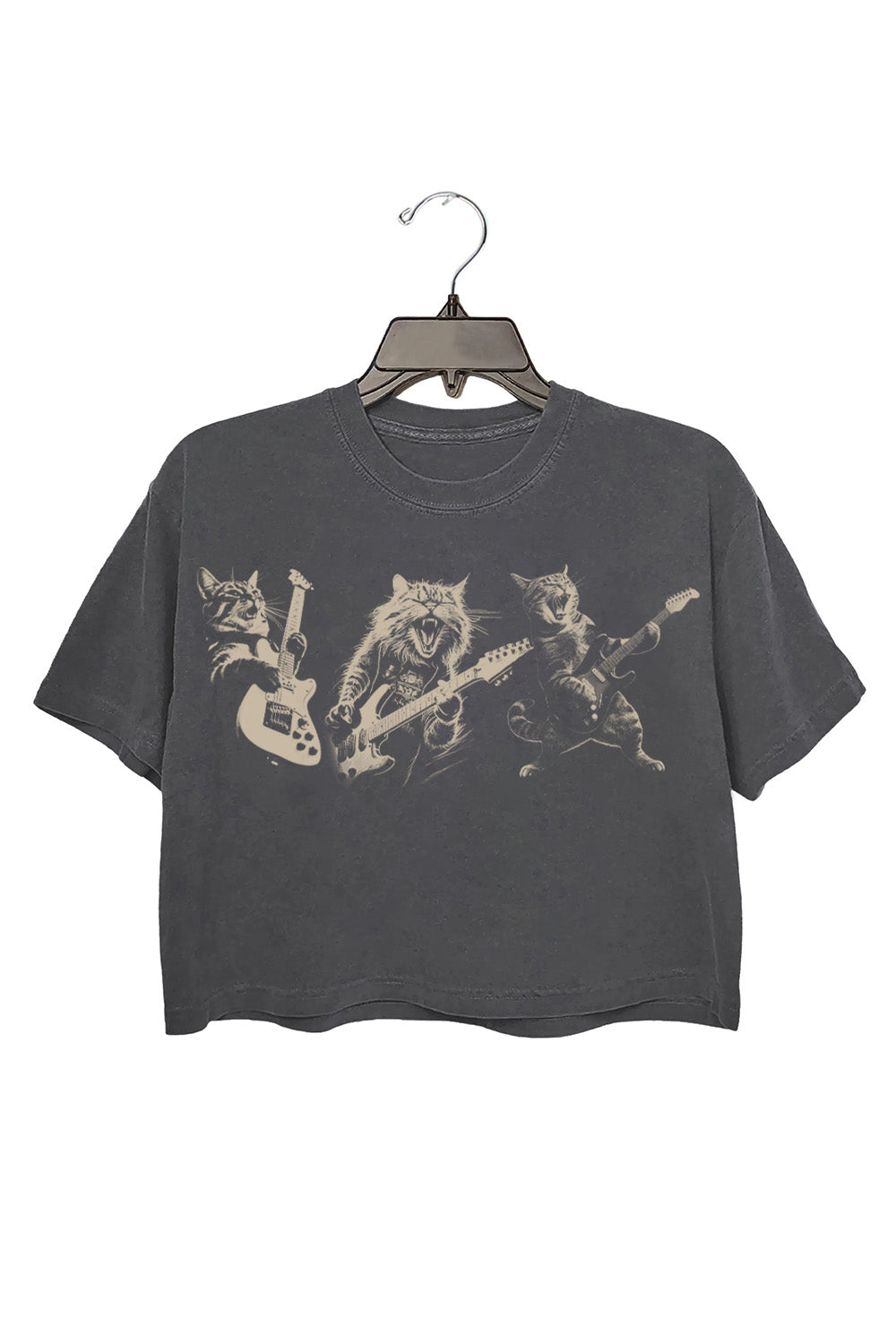 Three Cat Playing Guitar Vintage 90s Style Rock Crop Top For Women
