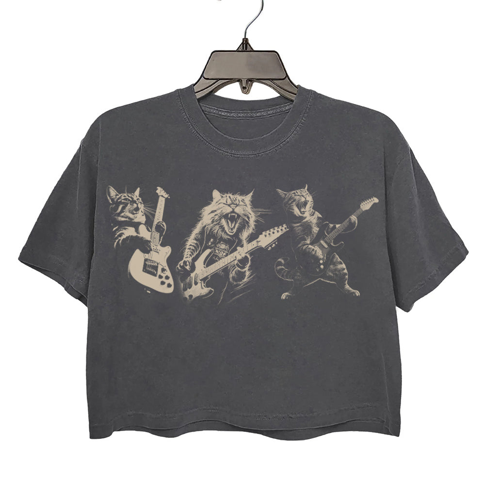 Three Cat Playing Guitar Vintage 90s Style Rock Crop Top For Women