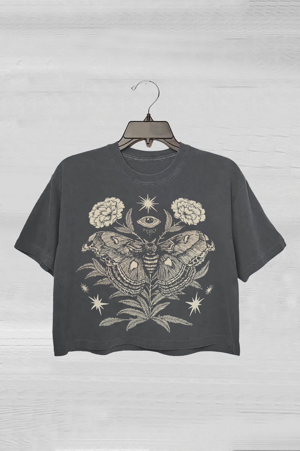 Moth And Eye Shrine Black Micro Rib Crop Tee For Women