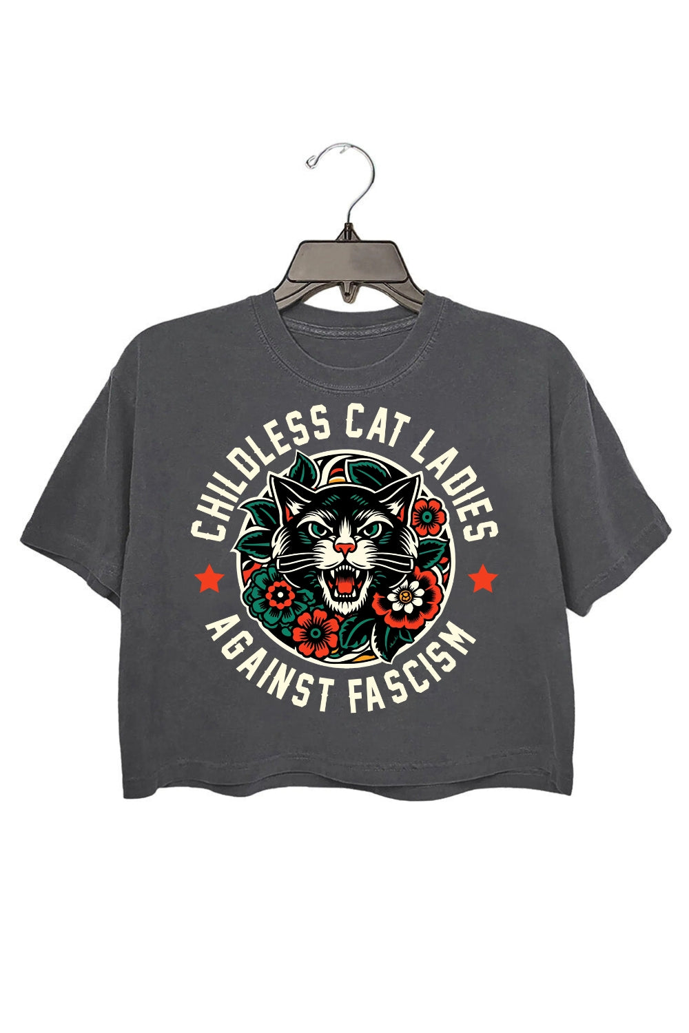 Childless Cat Lady Against Fascism Crop Tee For Women