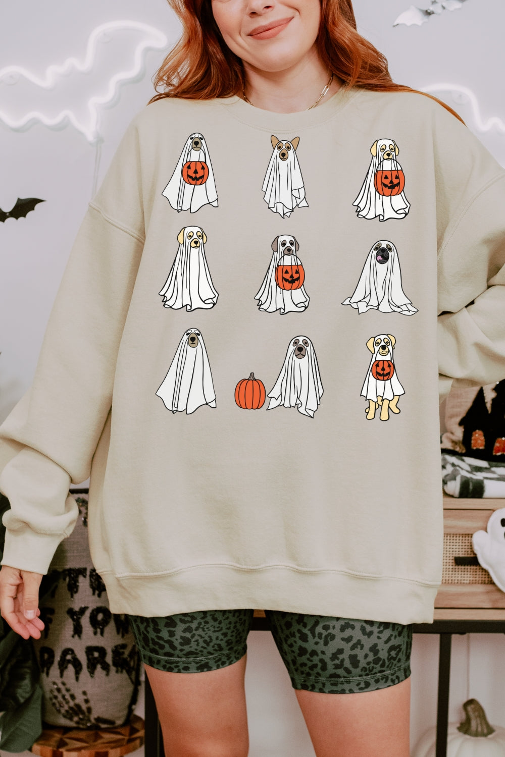 Halloween Ghost Dog Pumpkin Sweatshirt For Women