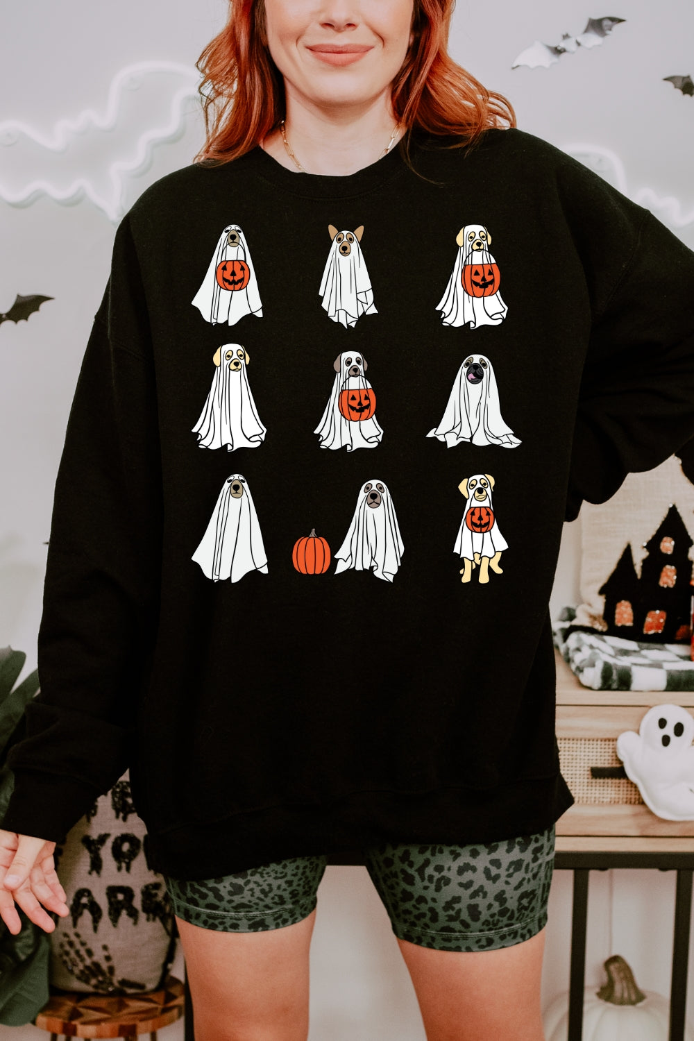 Halloween Ghost Dog Pumpkin Sweatshirt For Women