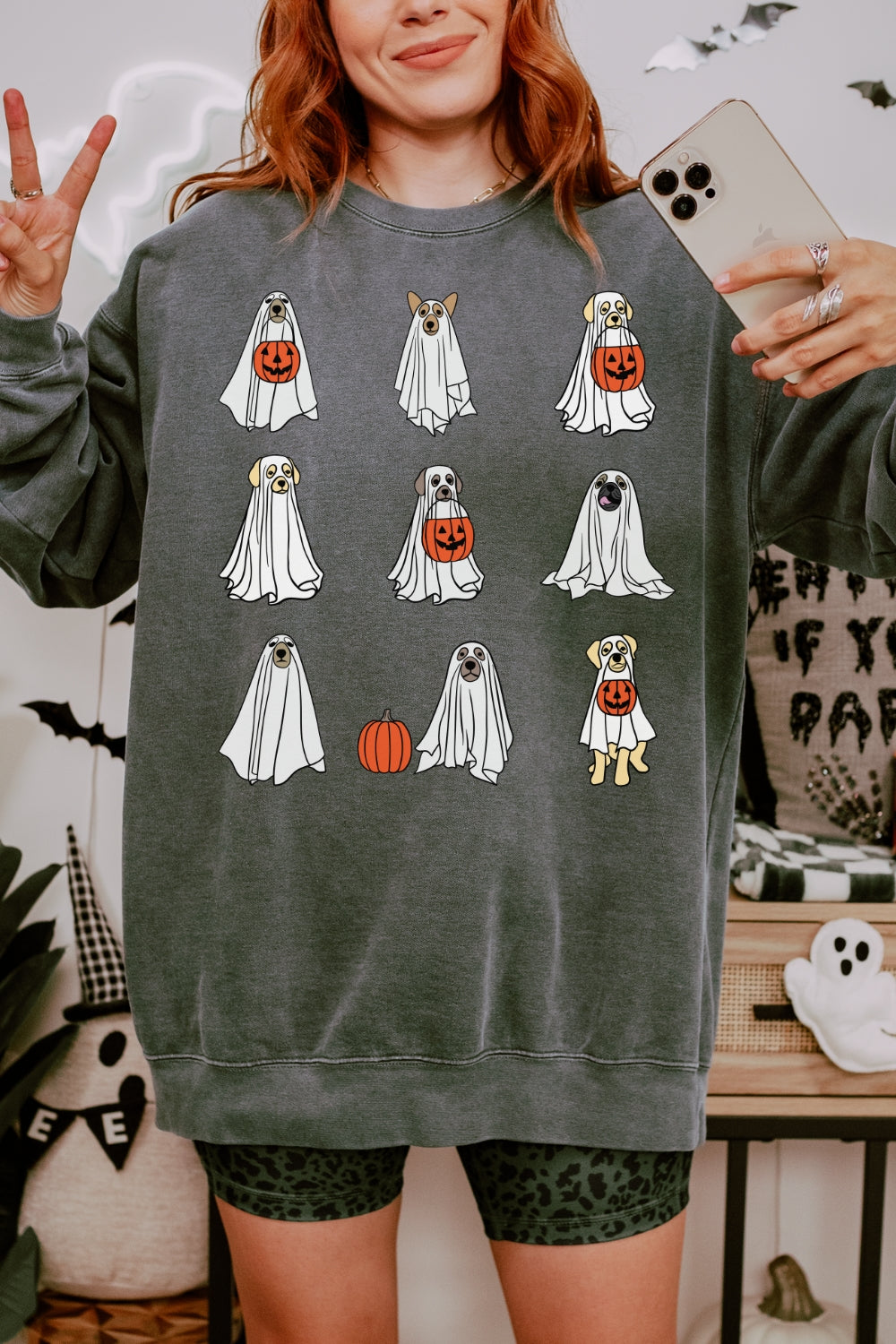 Halloween Ghost Dog Pumpkin Sweatshirt For Women