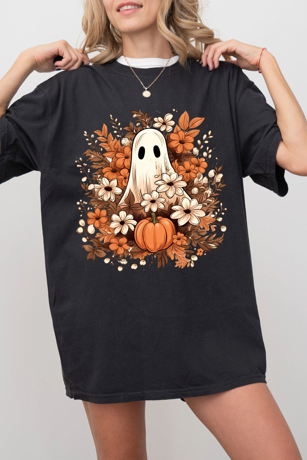 Autumn Flowers Spooky Ghost Tee For Women