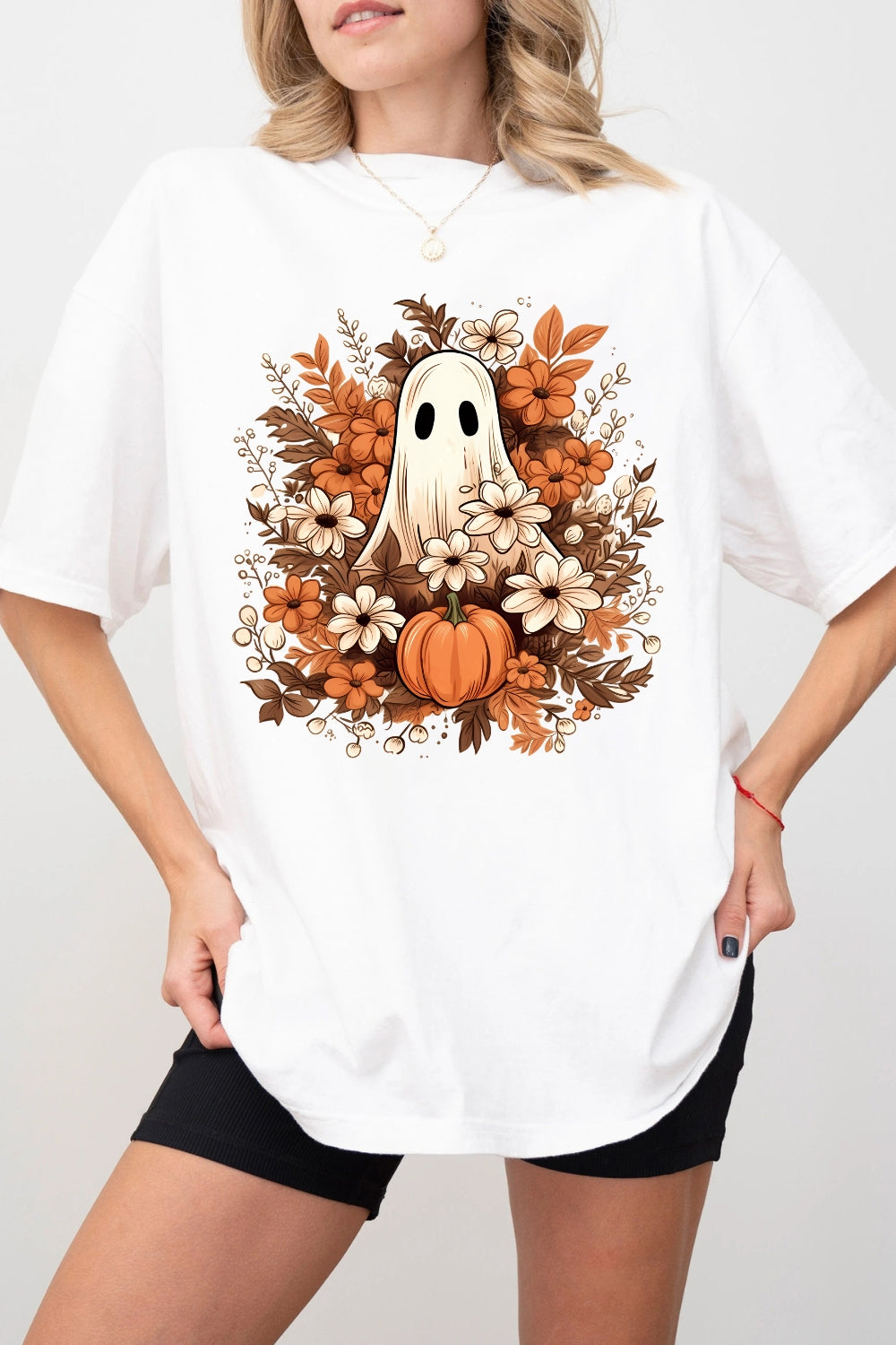 Autumn Flowers Spooky Ghost Tee For Women