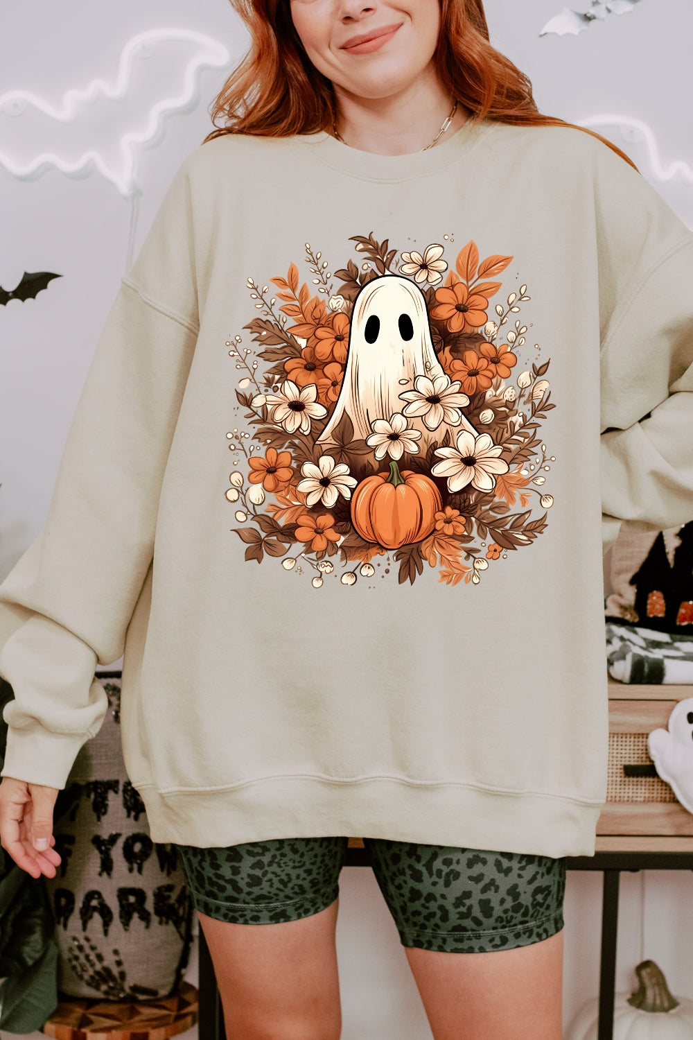 Autumn Flowers Spooky Ghost Sweatshirt For Women