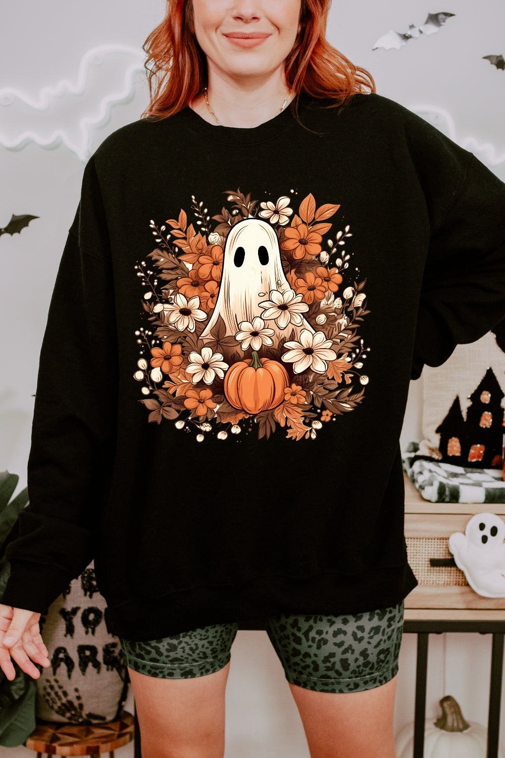 Autumn Flowers Spooky Ghost Sweatshirt For Women