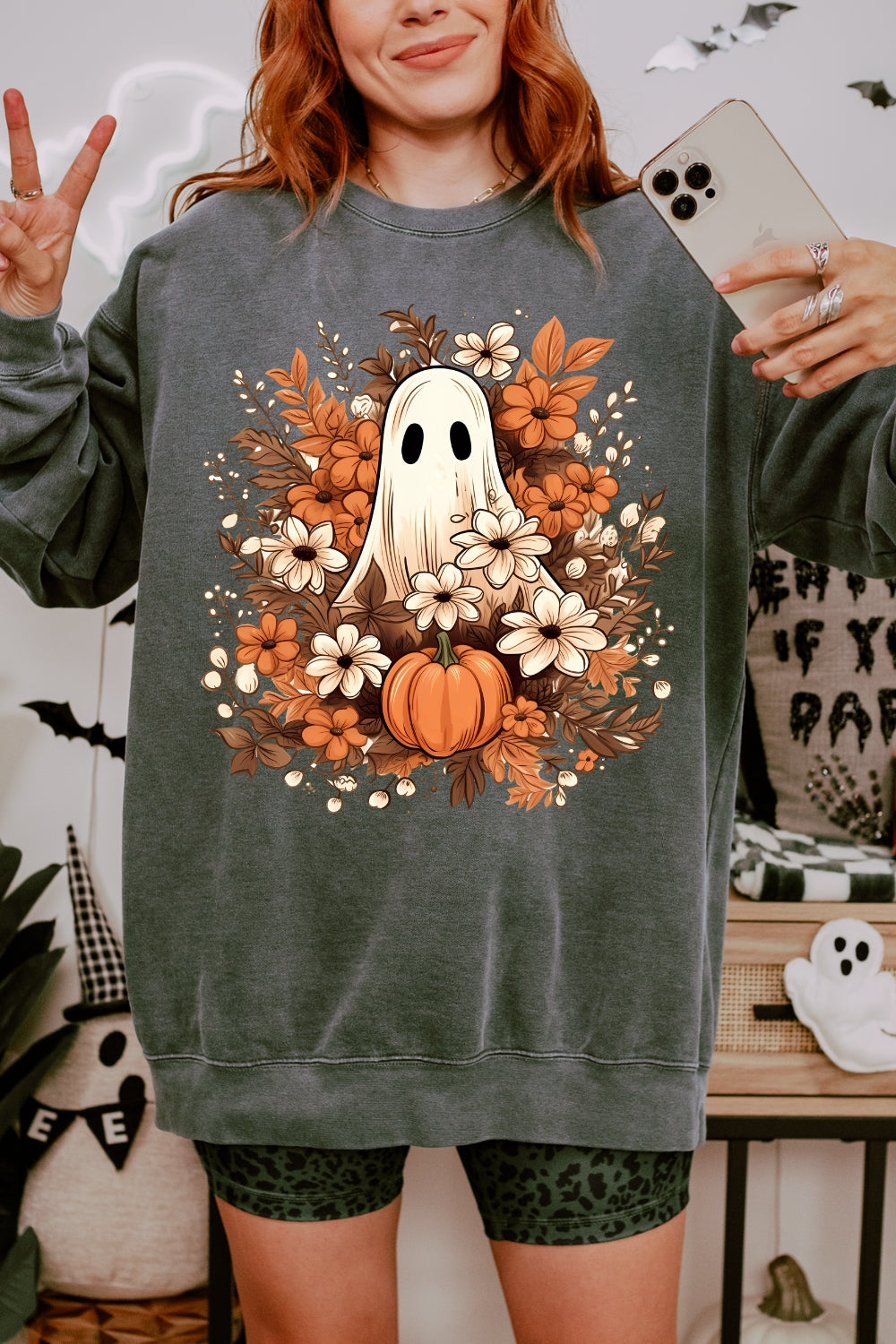 Autumn Flowers Spooky Ghost Sweatshirt For Women