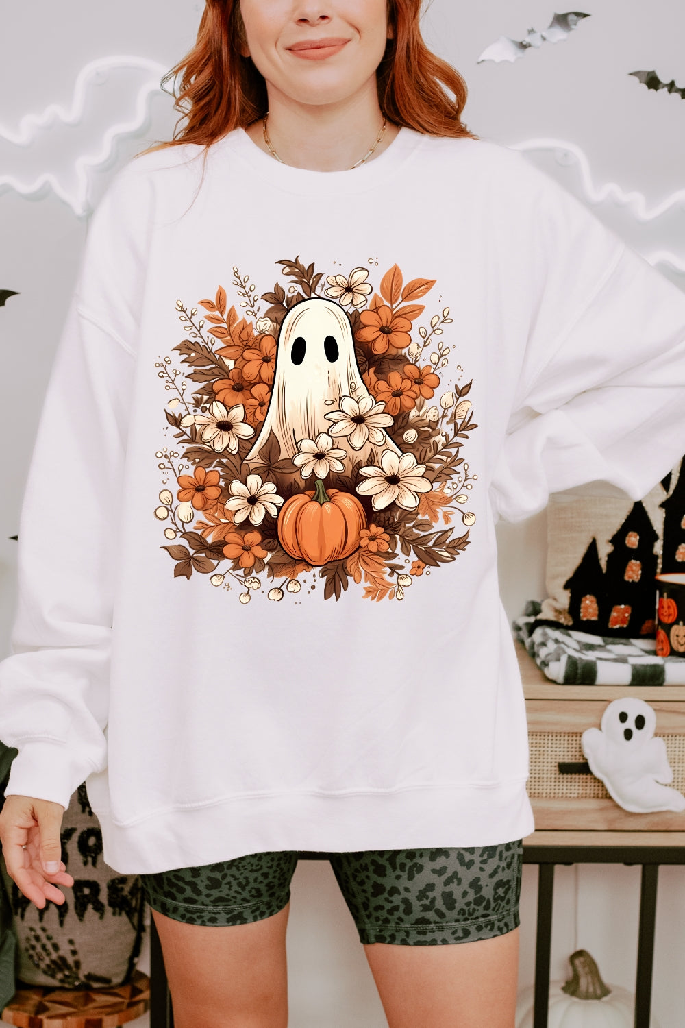 Autumn Flowers Spooky Ghost Sweatshirt For Women