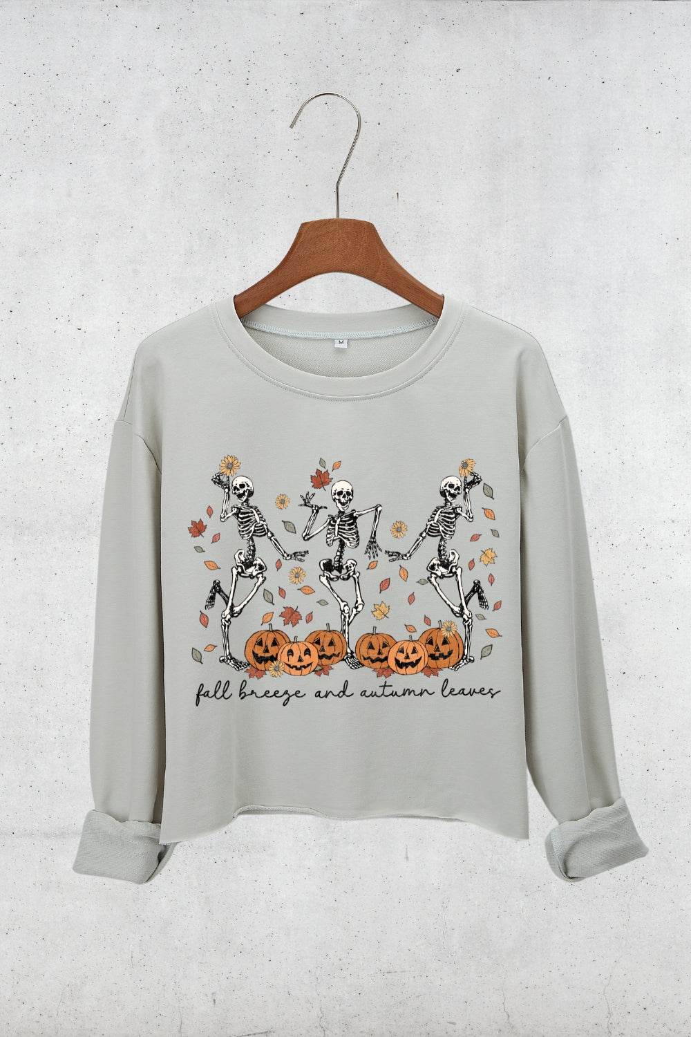 Fall Breeze and Autumn Leaves Skeleton Crop Sweatshirt For Women