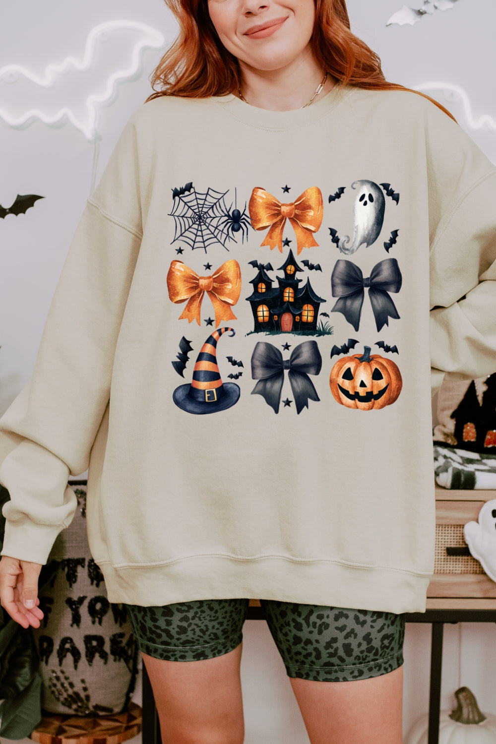 Halloween Coquette Bow Spiders Ghost Sweatshirt For Women
