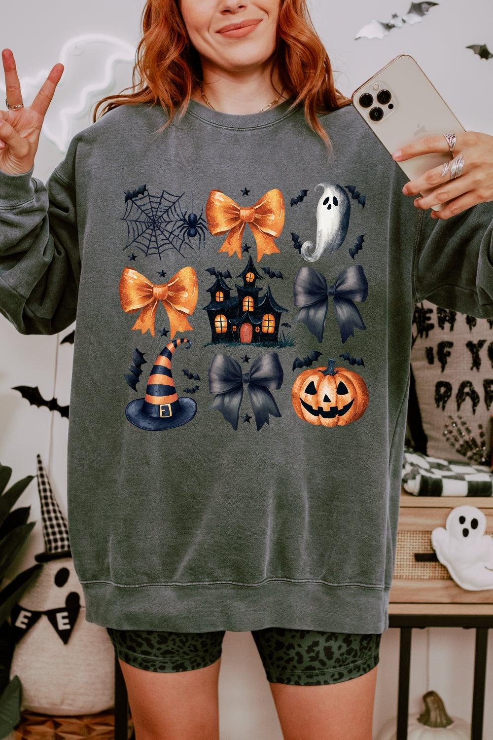 Halloween Coquette Bow Spiders Ghost Sweatshirt For Women