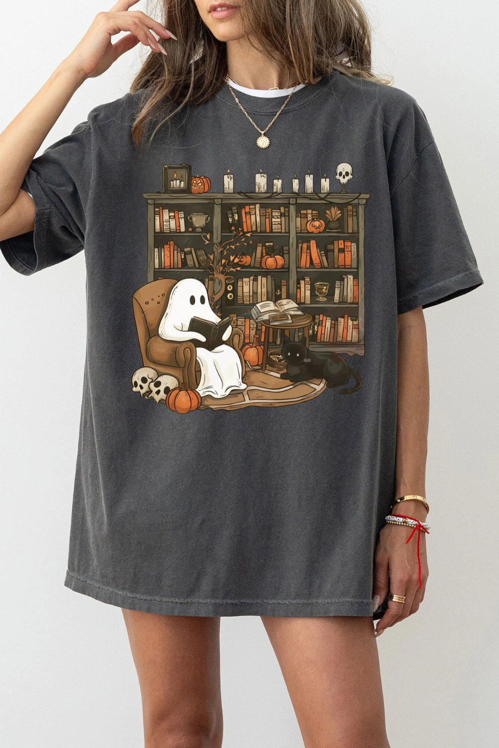 Ghost Reading Books Halloween Tee For Women