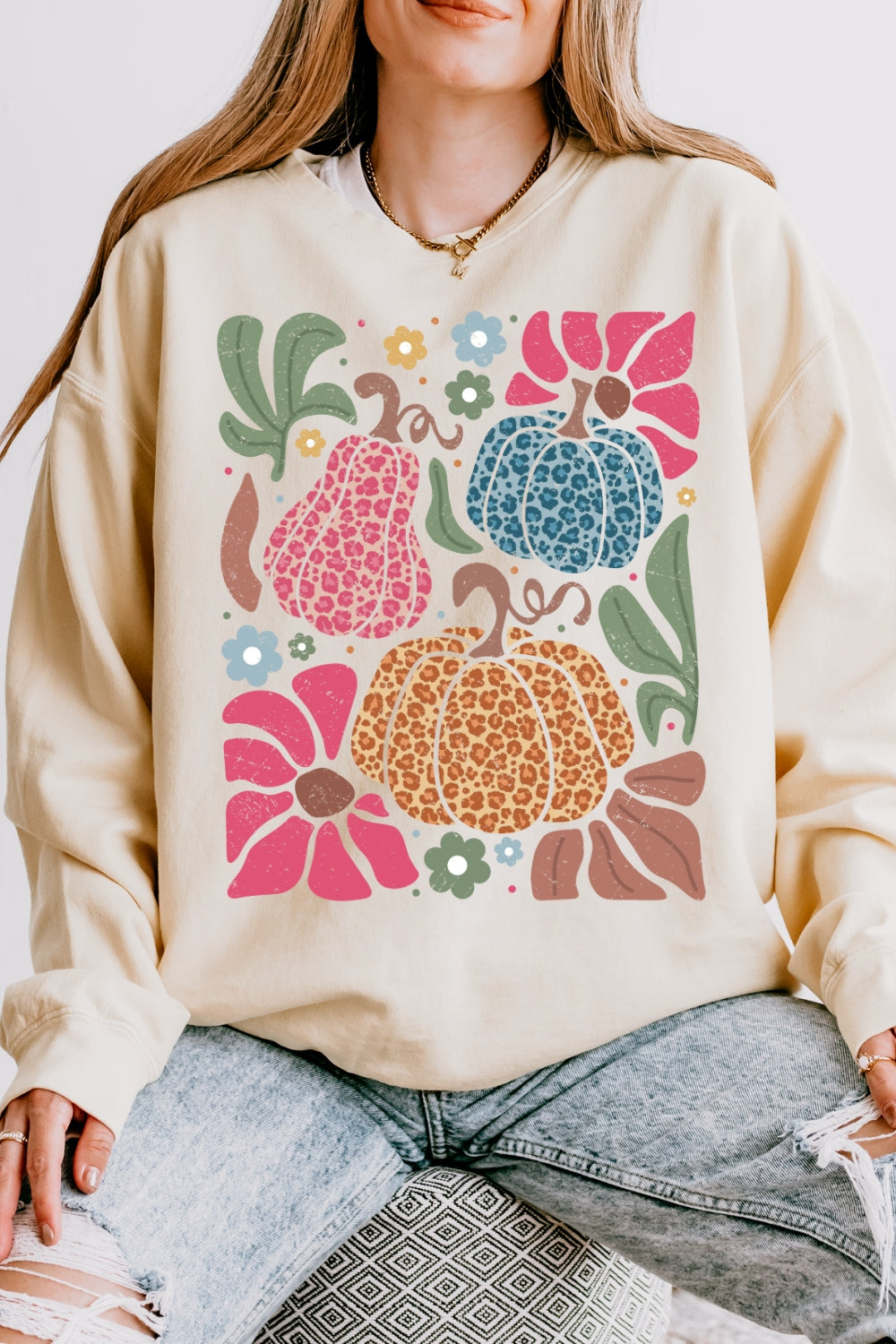 Leopard Pink Pumpkin with Flowers Sweatshirt For Women