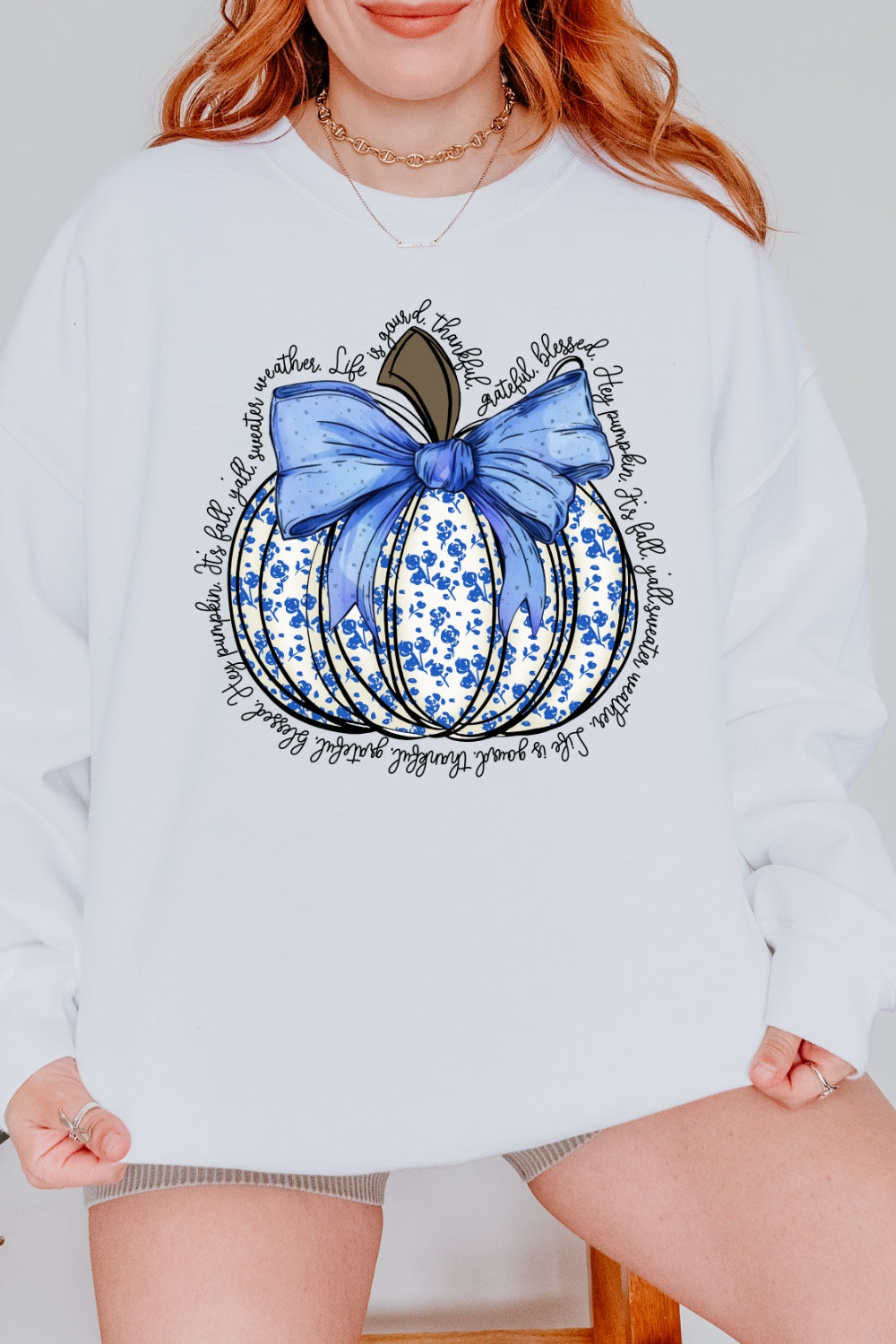 Blue Floral Pumpkin Sweatshirt For Women