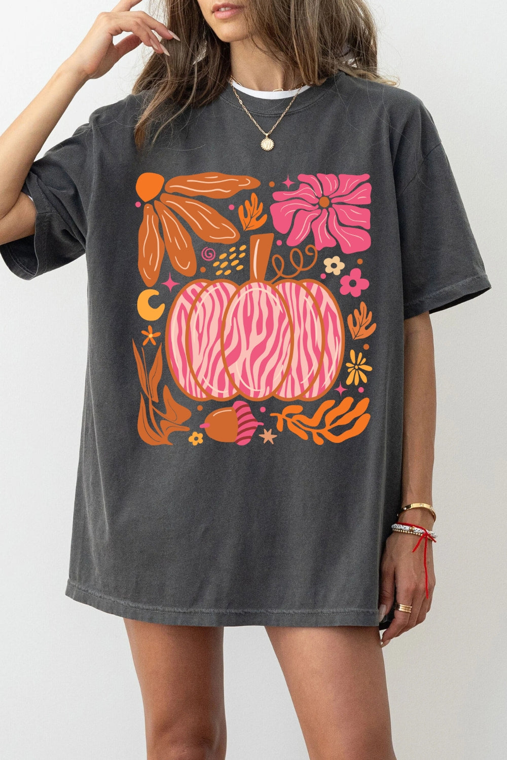 Leopard Pink Pumpkin Floral Tee For Women