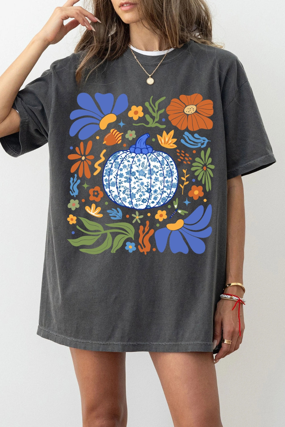 Blue Floral Boho Pumpkin Tee For Women