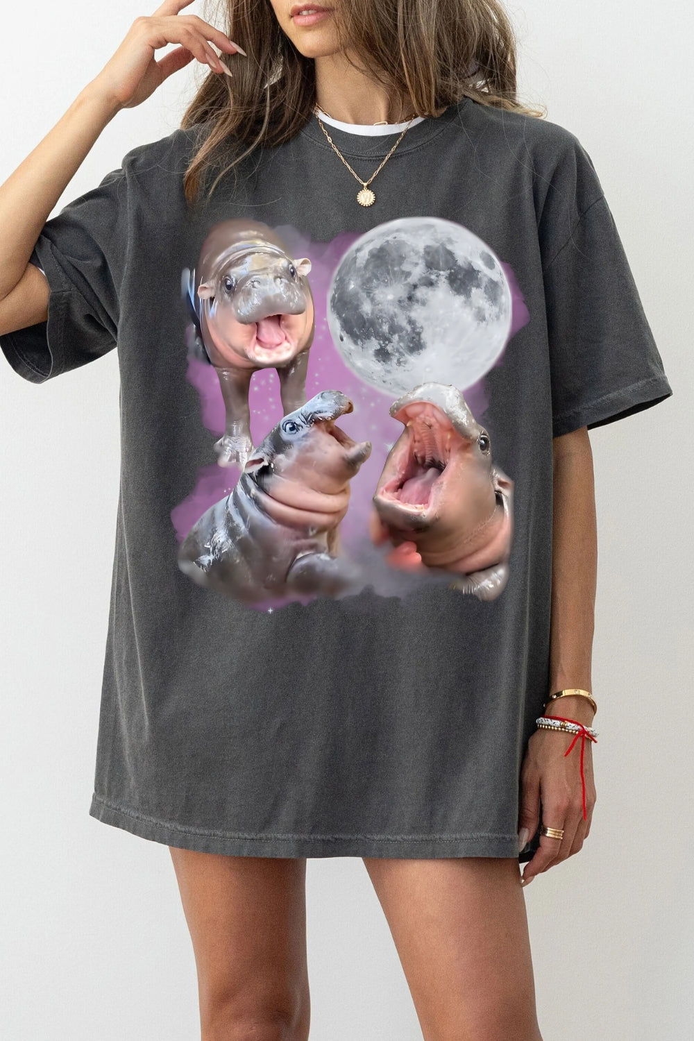 Pink 3 Moon-Deng Baby Hippo Tee For Women