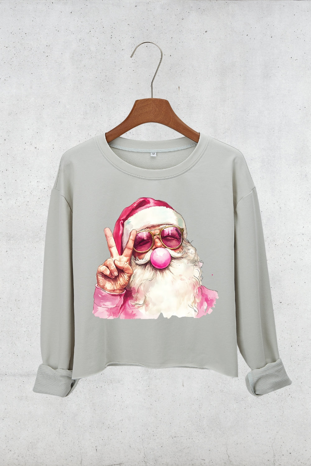 Retro Santa Christmas Blowing Bubble Crop Sweatshirt For Women