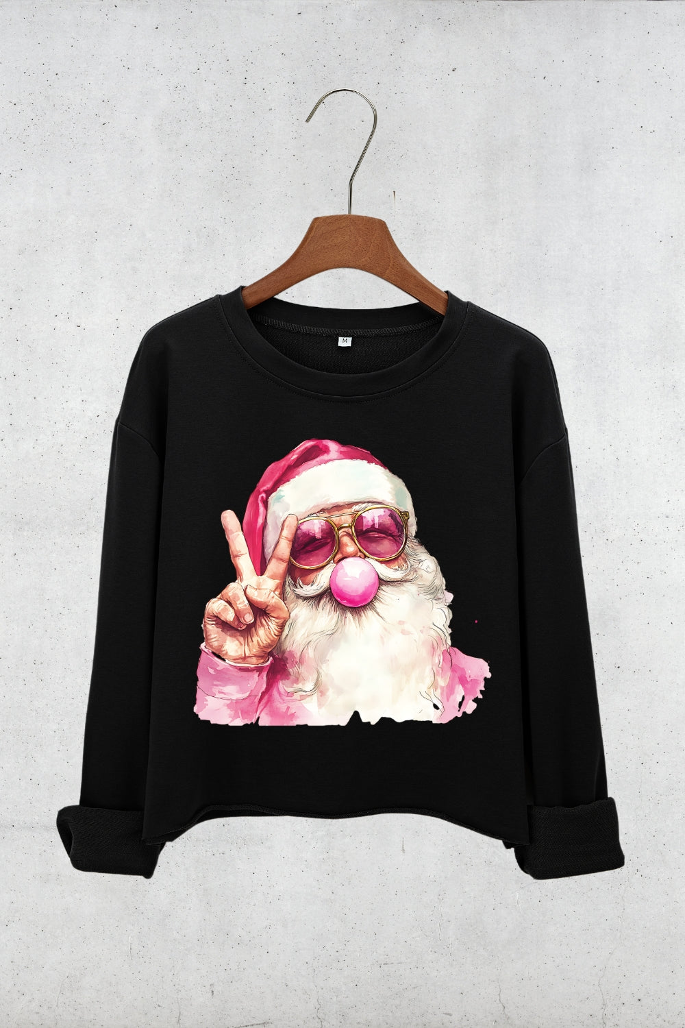 Retro Santa Christmas Blowing Bubble Crop Sweatshirt For Women