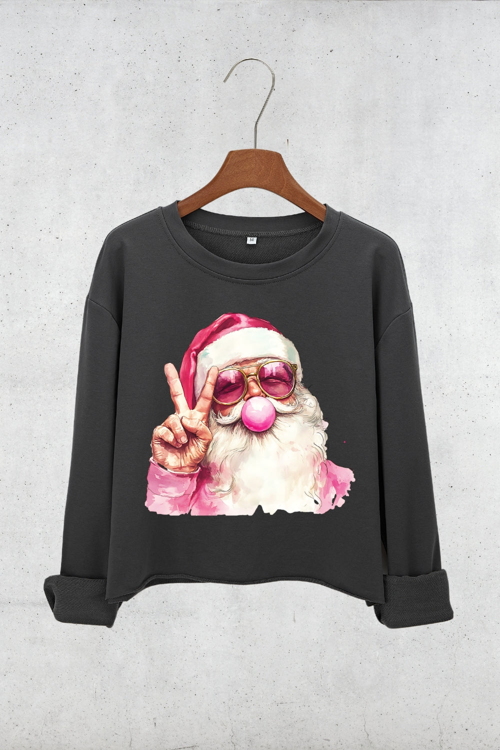 Retro Santa Christmas Blowing Bubble Crop Sweatshirt For Women