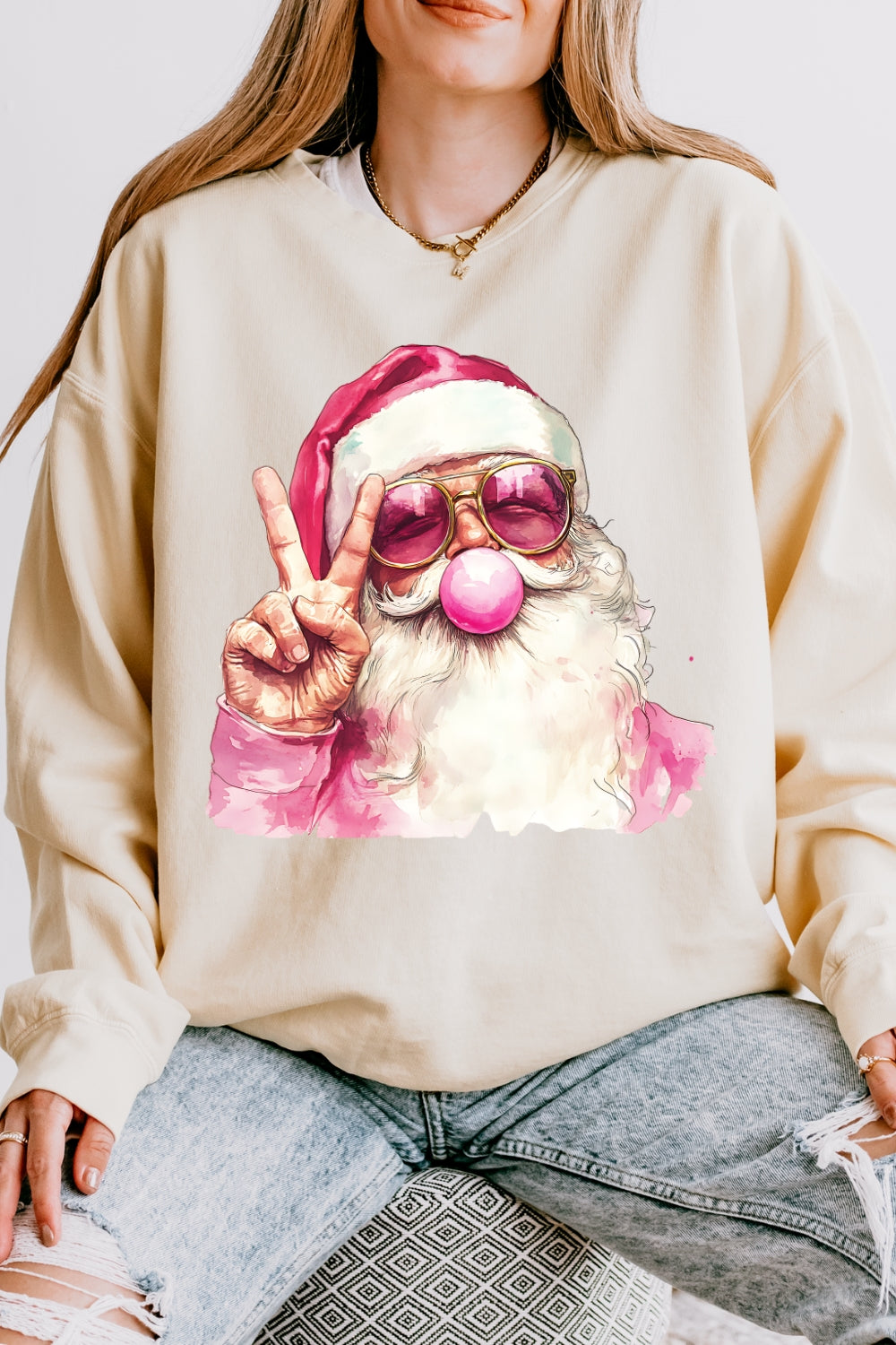Retro Santa Christmas Blowing Bubble Sweatshirt For Women