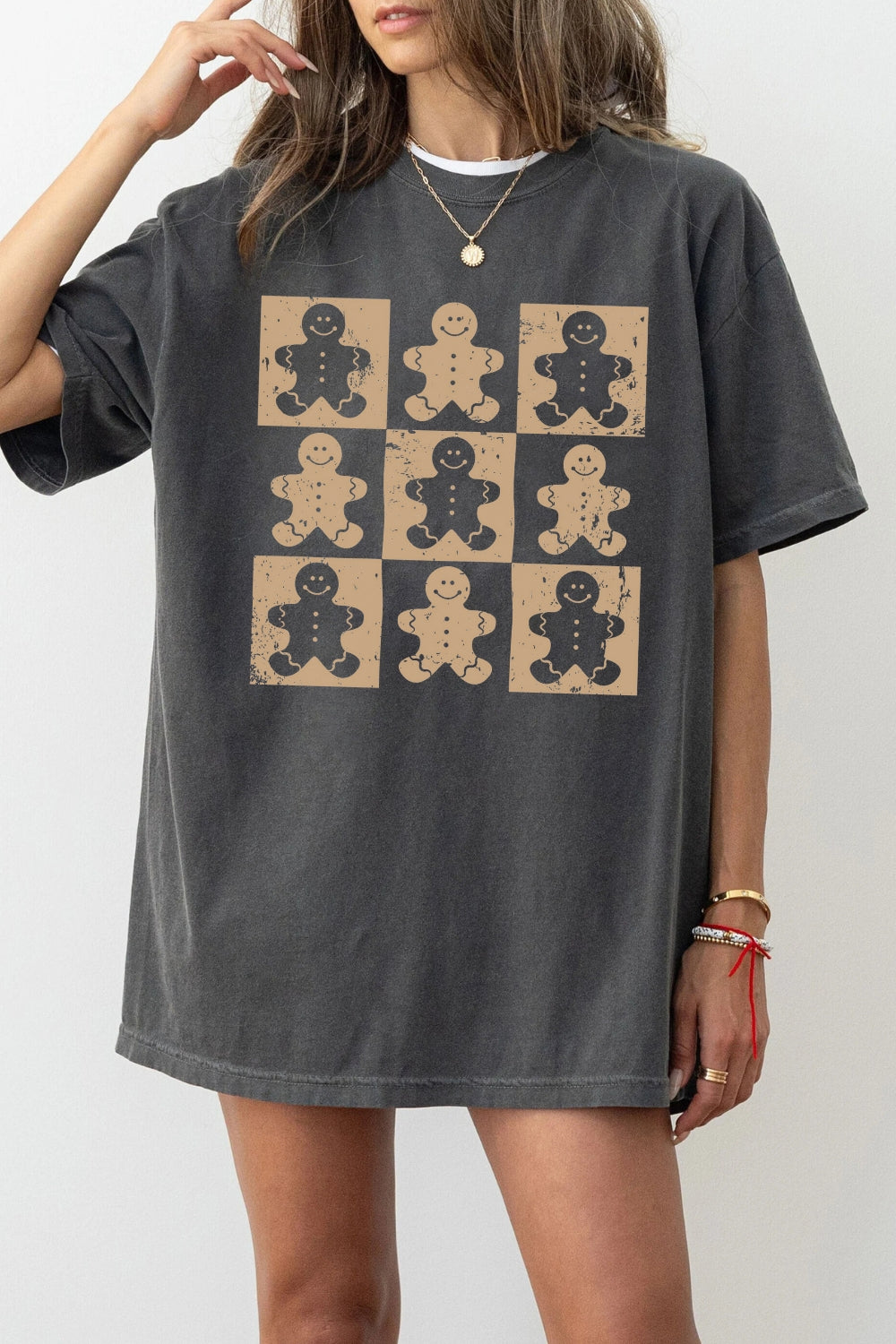 Retro Checkered Gingerbread Man Christmas Tee For Women