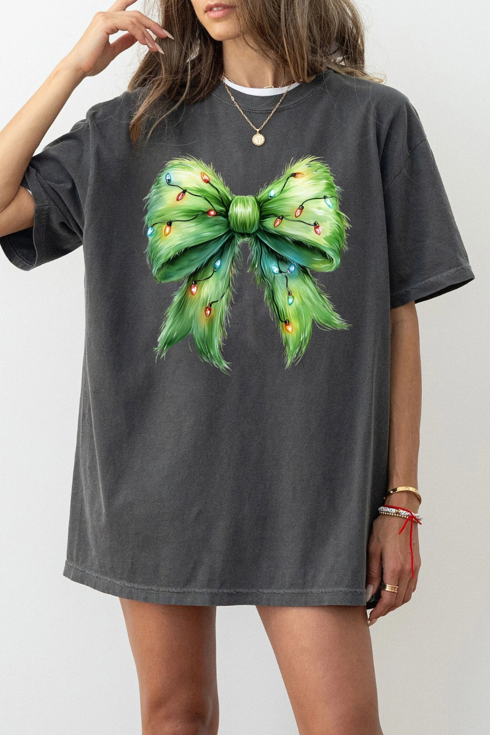 Fluffy Christmas Lights Bow Tee For Women