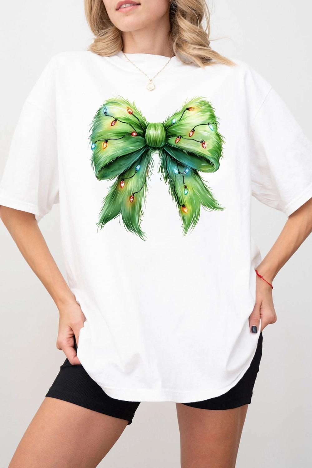 Fluffy Christmas Lights Bow Tee For Women