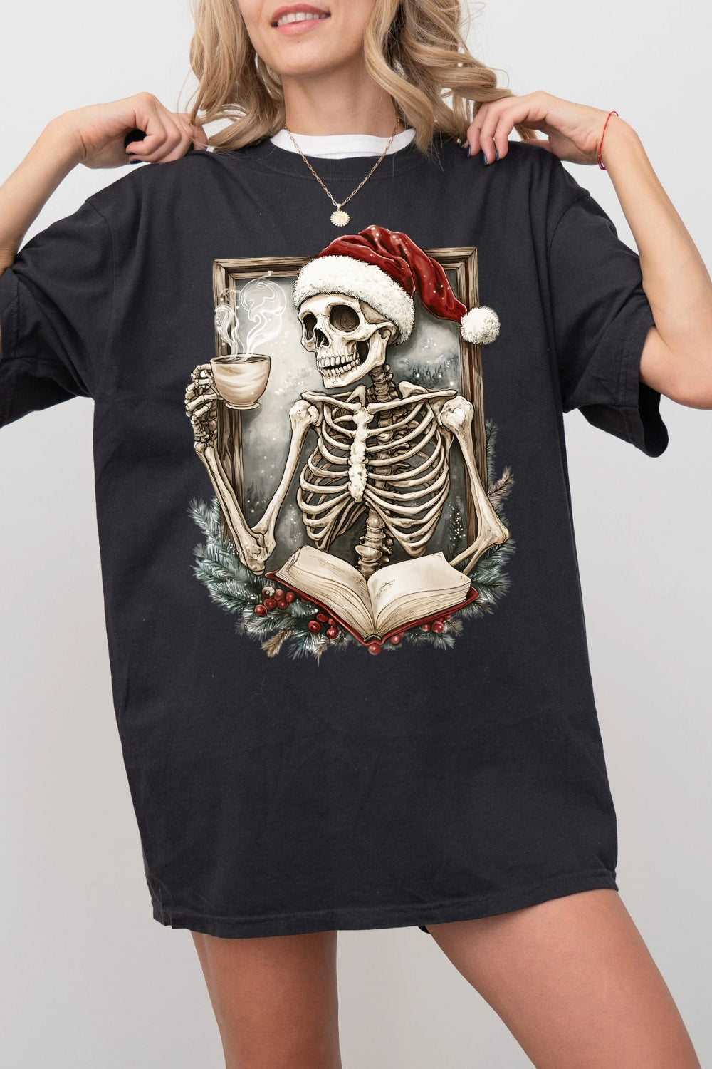 Skeleton Coffee Christmas Tee For Women
