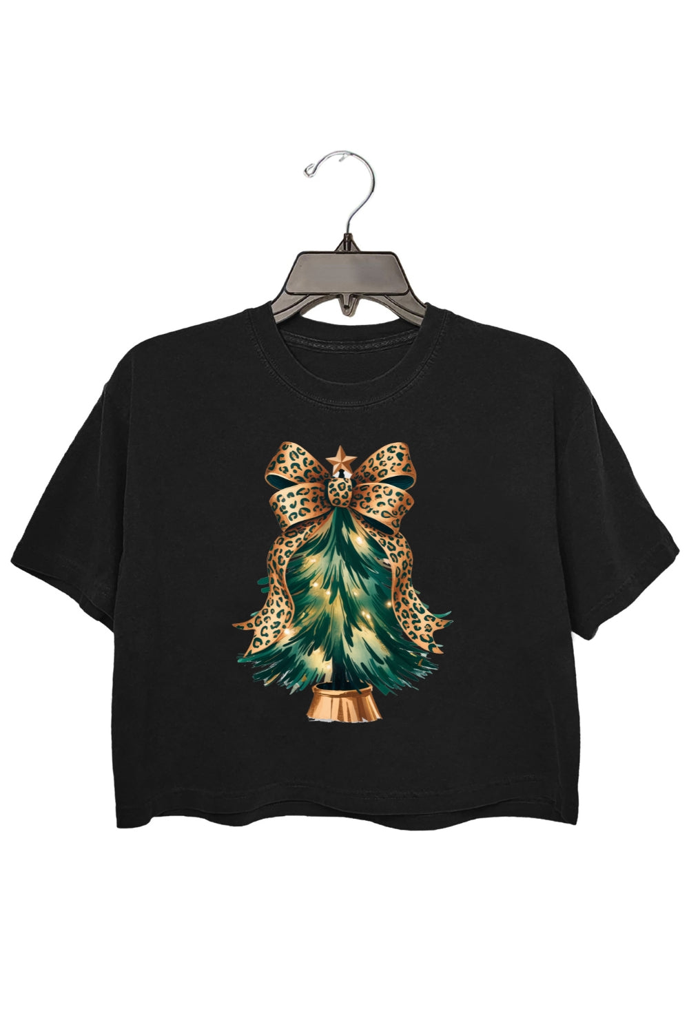 Leopard Bow Christmas Tree Crop Top For Women