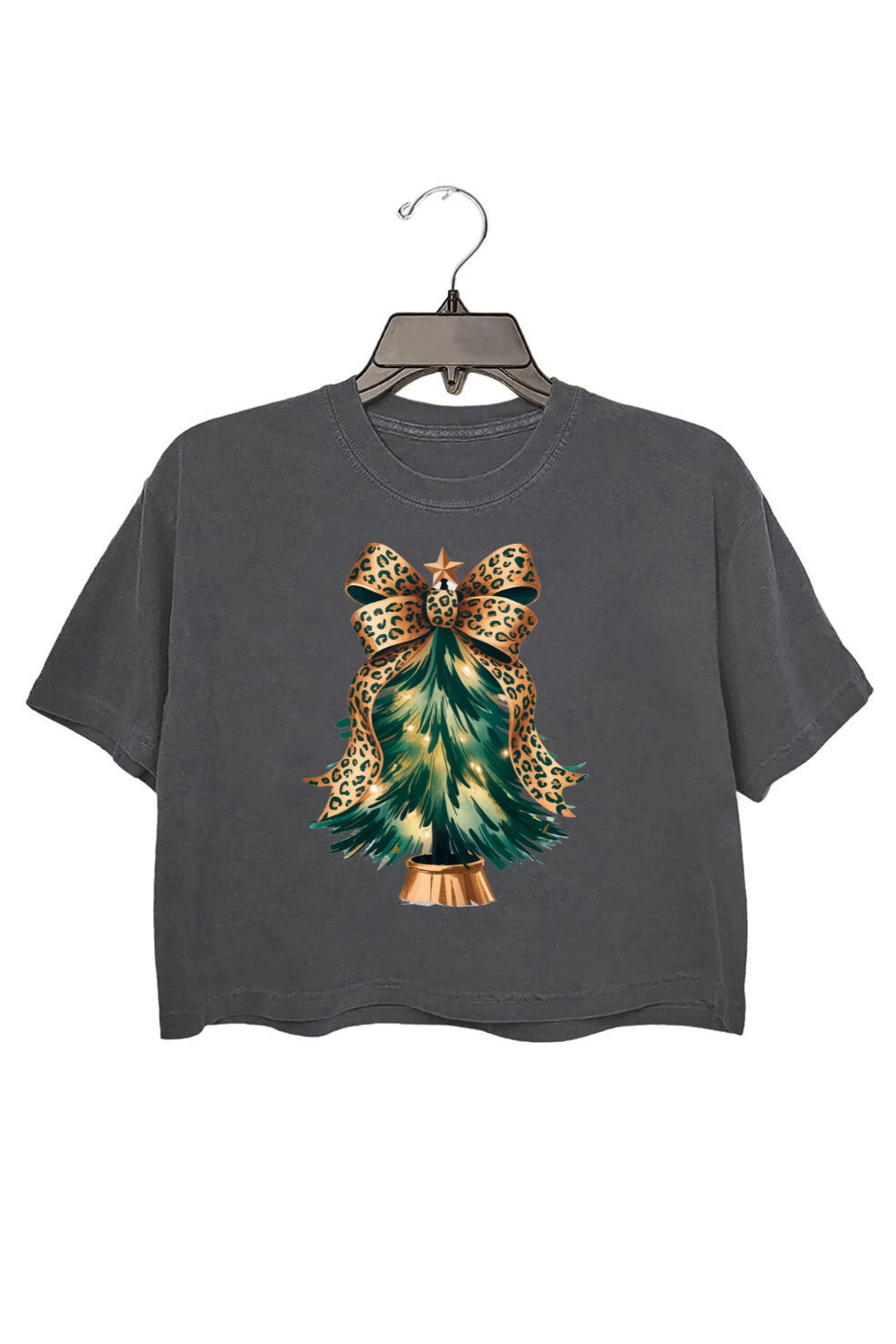 Leopard Bow Christmas Tree Crop Top For Women