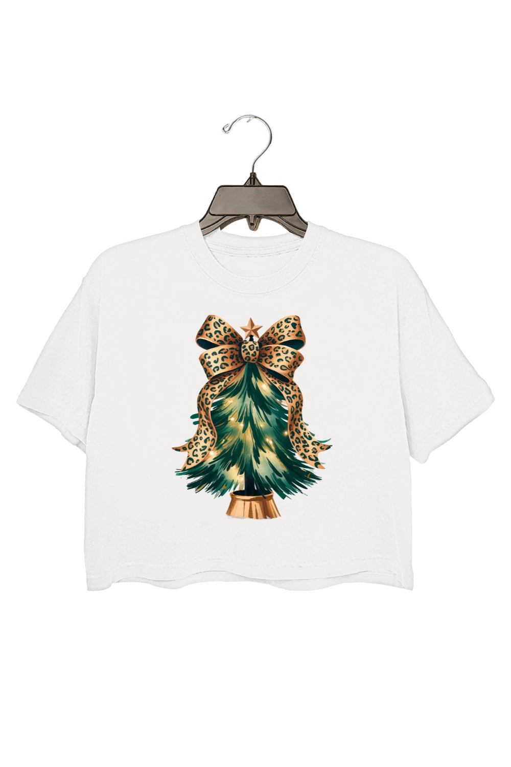 Leopard Bow Christmas Tree Crop Top For Women