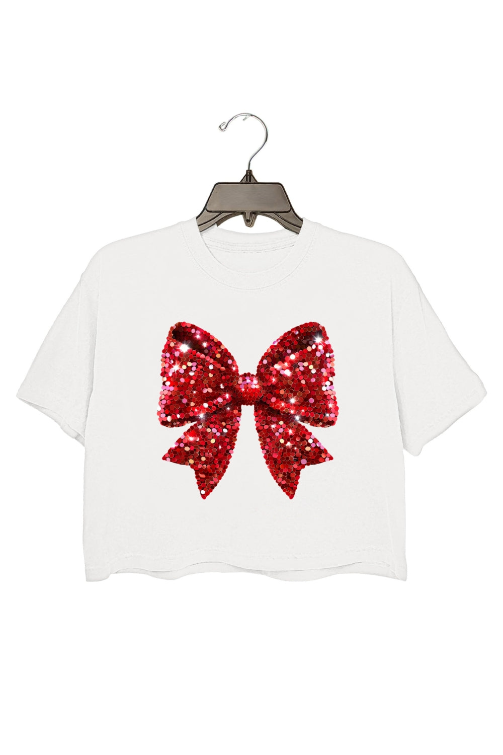 Christmas Glitter Red Bow Crop Top For Women
