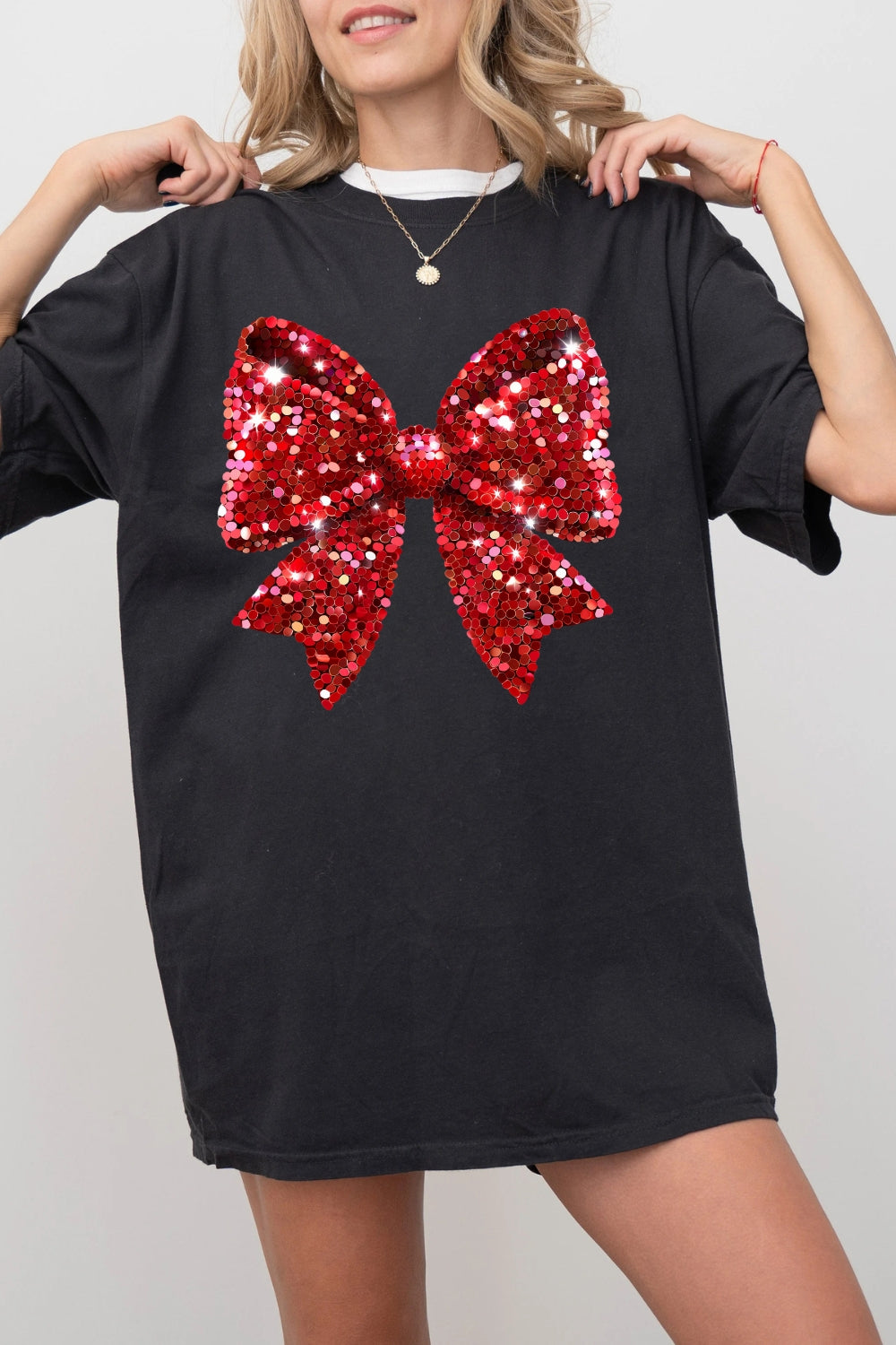 Christmas Glitter Red Bow Tee For Women
