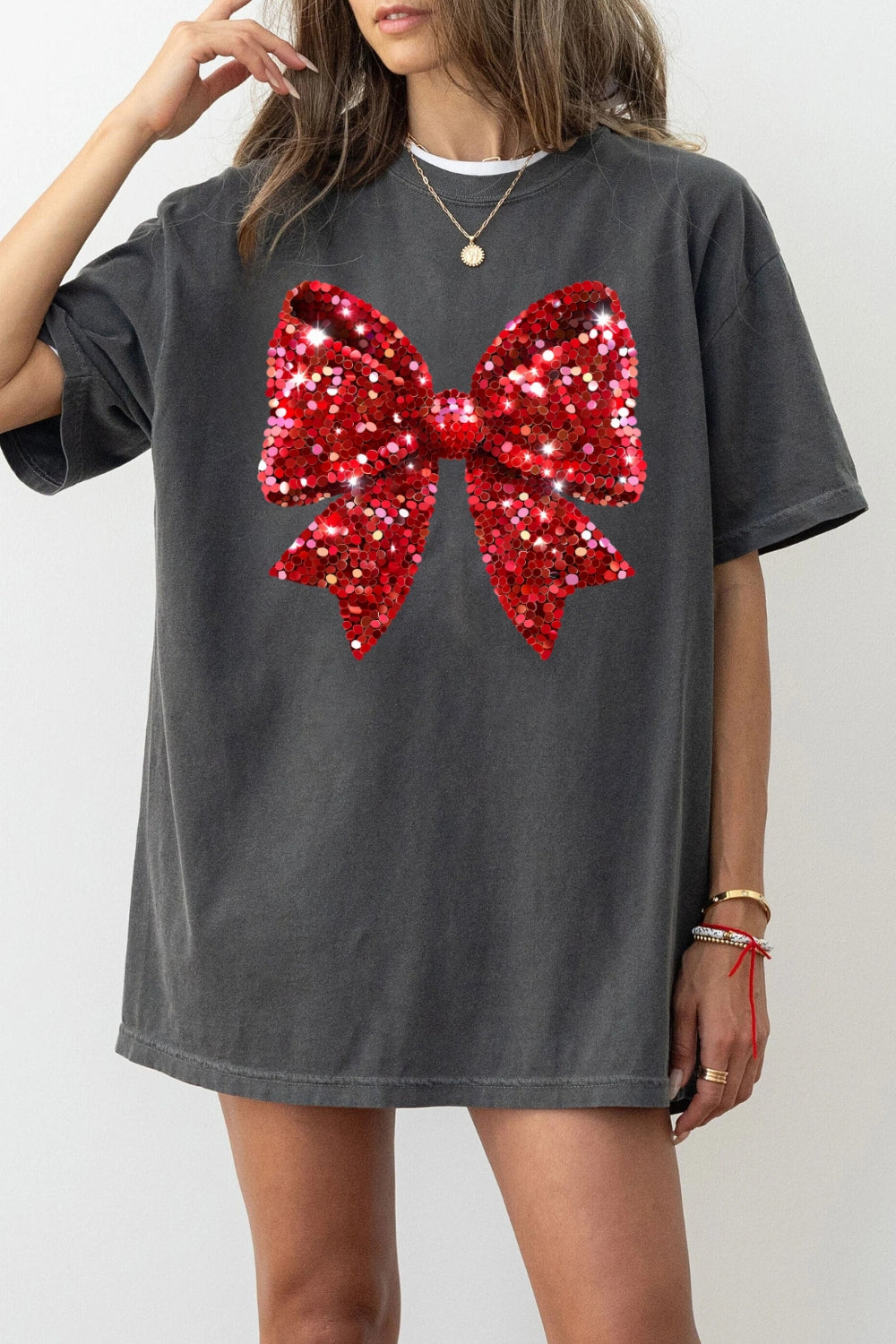 Christmas Glitter Red Bow Tee For Women
