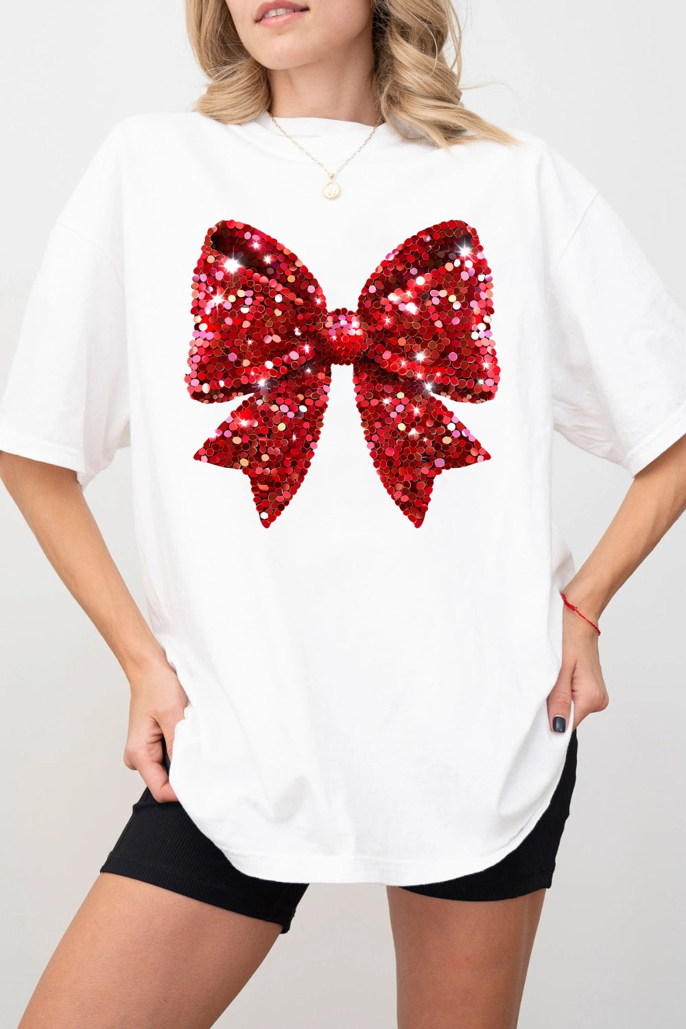 Christmas Glitter Red Bow Tee For Women