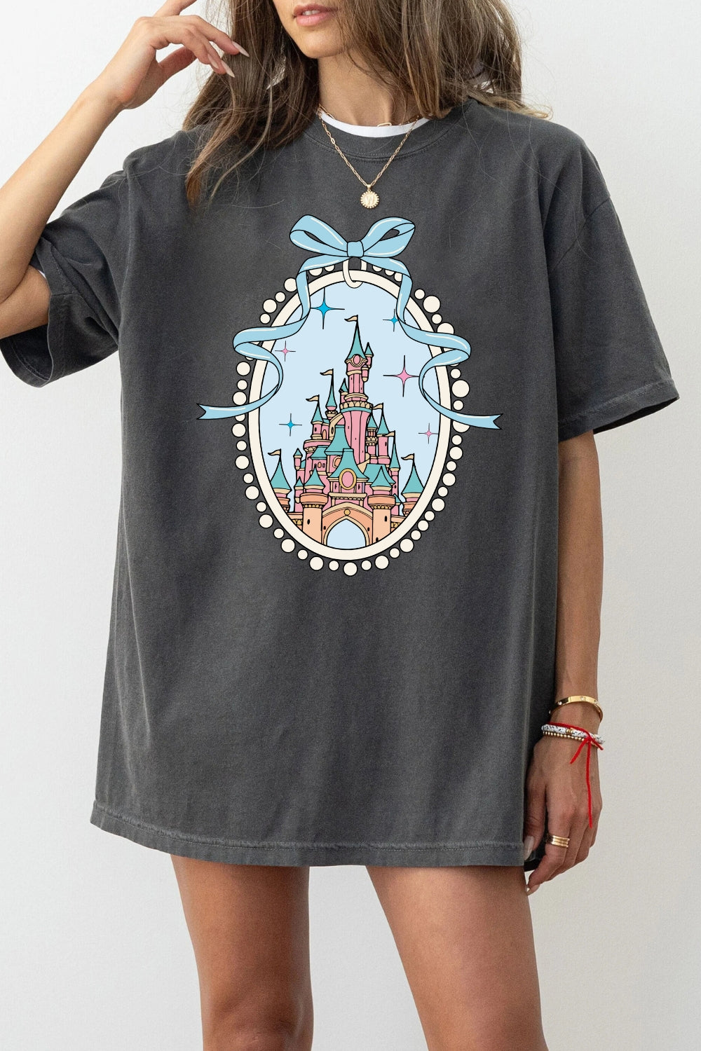 Retro Magical Castle With Blue Bow Tee For Women