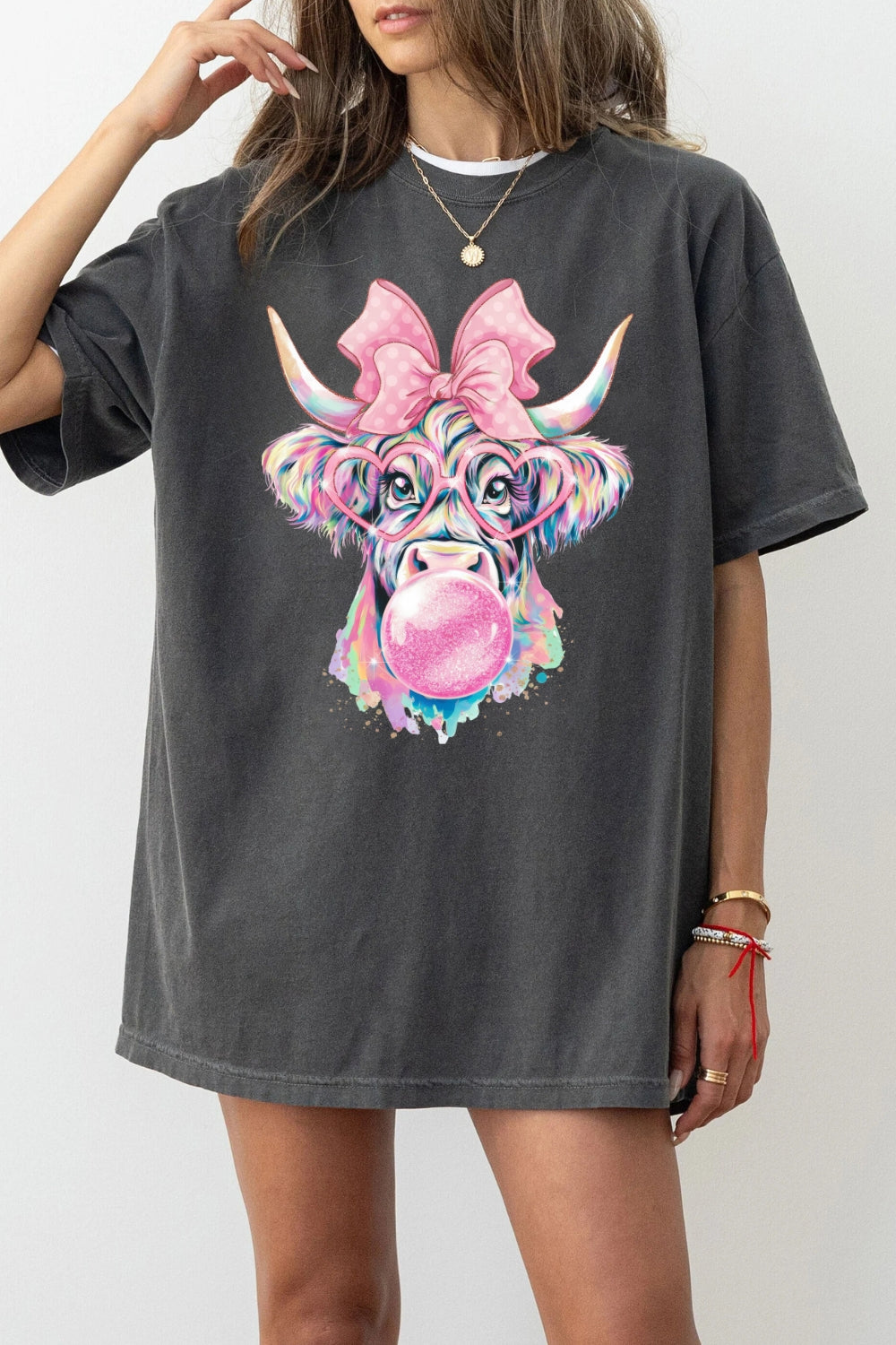 Coquette Highland Cow Bubblegum Tee For Women