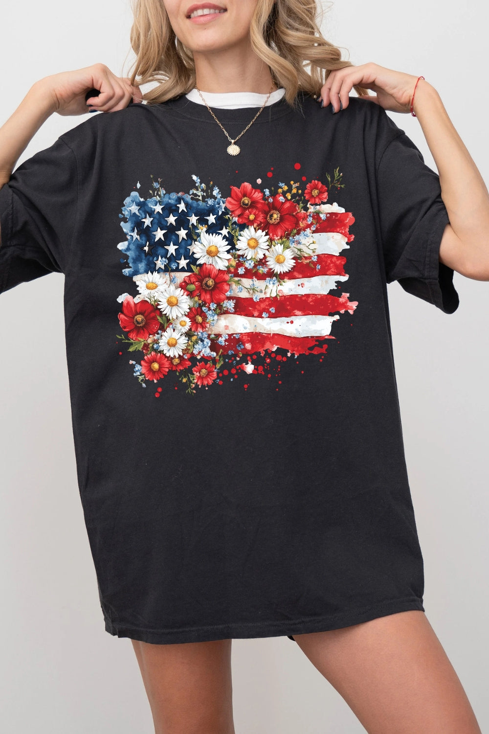 Floral American Flag 4th Of July Tee For Women