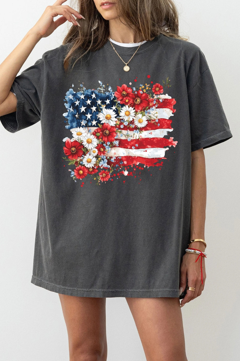 Floral American Flag 4th Of July Tee For Women