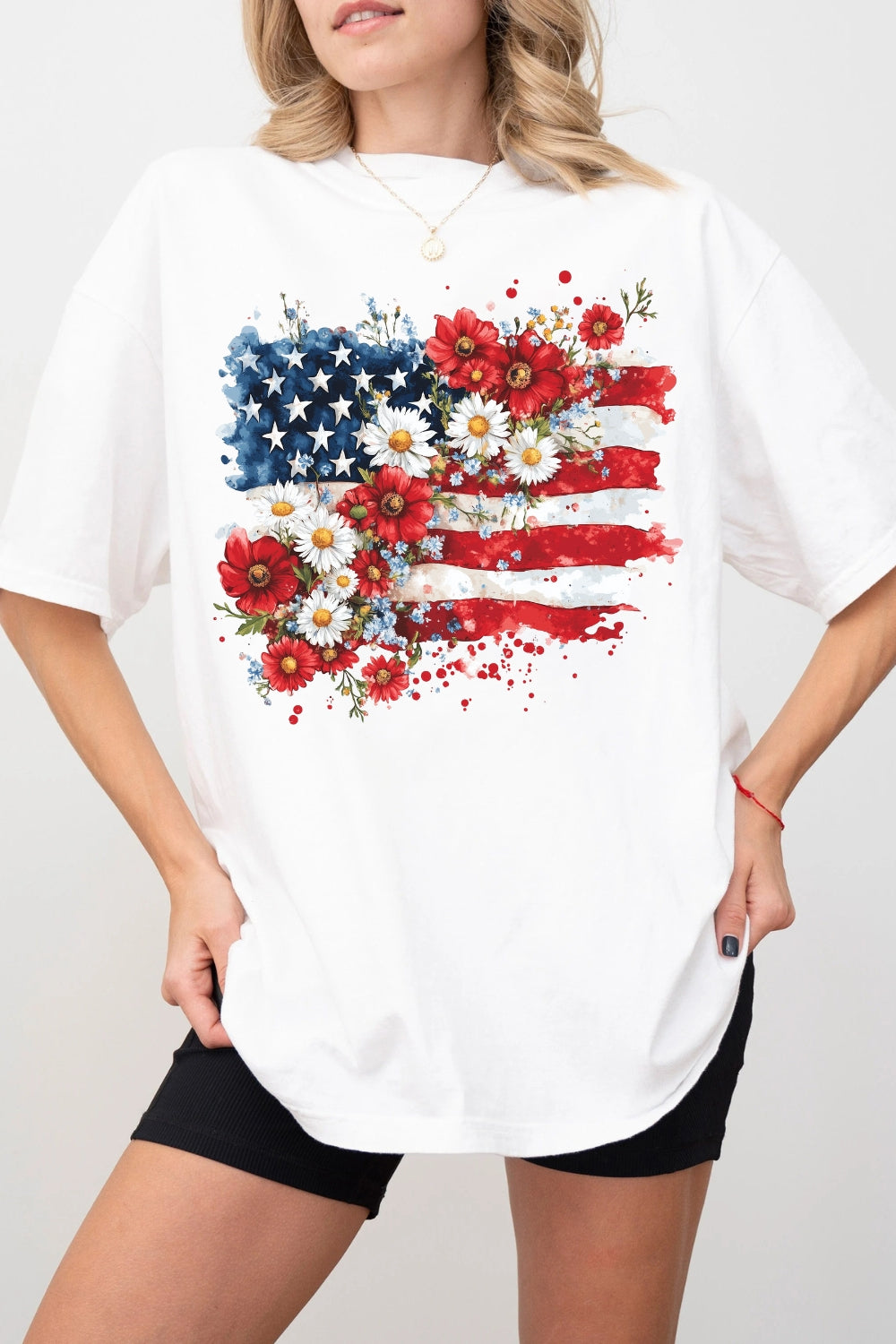 Floral American Flag 4th Of July Tee For Women